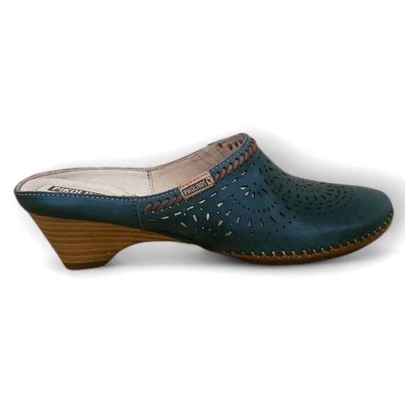 Pikolinos "Tabarca" Teal Green Leather Laser Cut Mule Size 6.5 - Picture 1 of 10